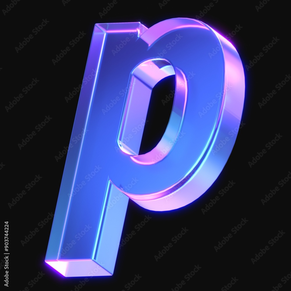 Poster 3d rendering of glowing letter p in the dark with neon retro light. 3d illustration with gradient gl