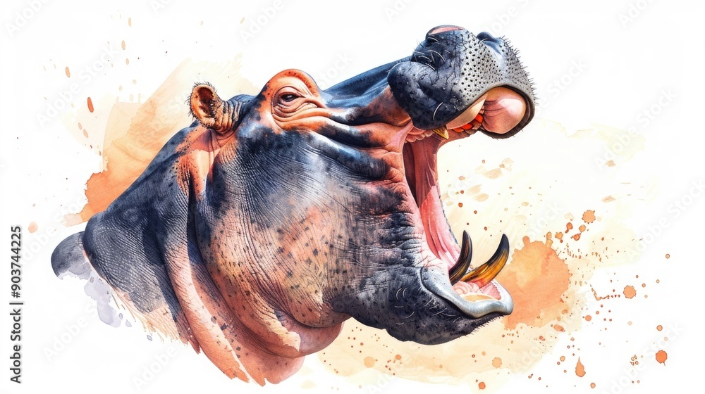 Poster Massive and Imposing Hippo Yawning with Mouth Open Widely Isolated on Vibrant Watercolor White Background With Deep Depth of Field in Style