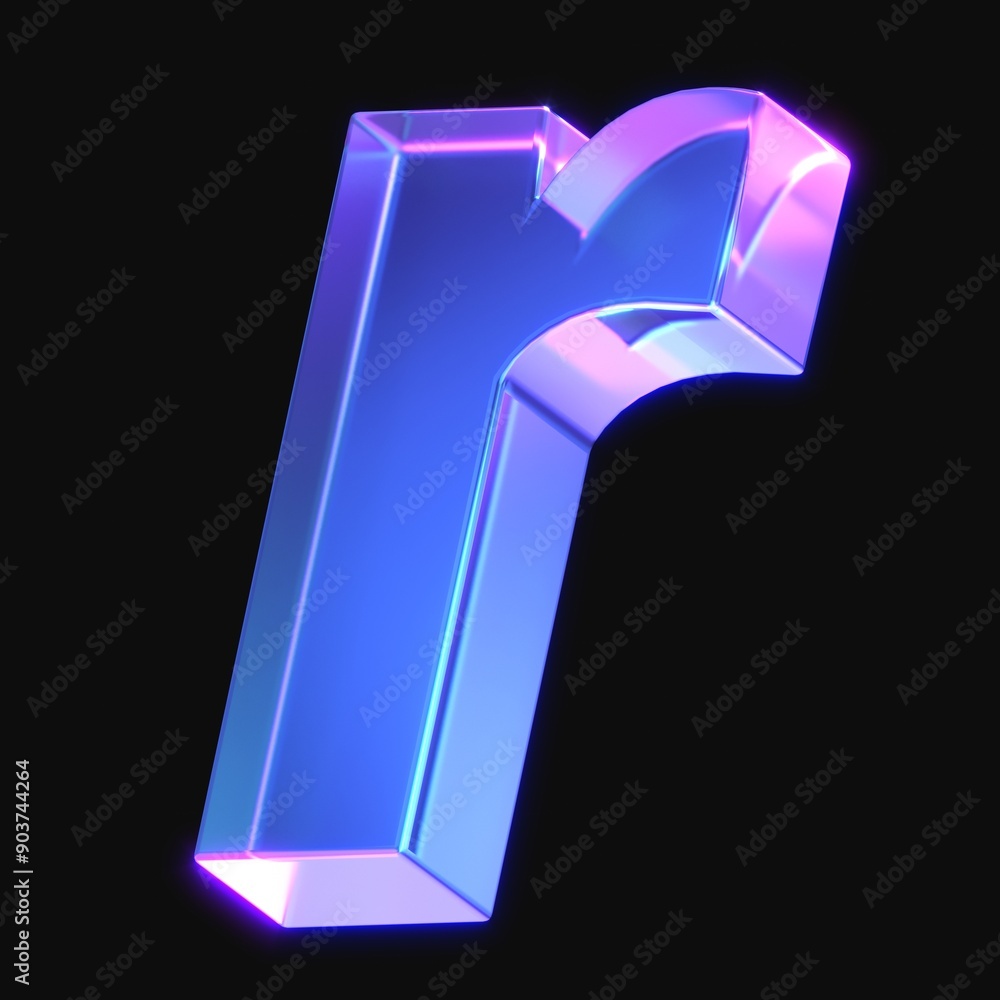 Poster 3d rendering of glowing letter r in the dark with neon retro light. 3d illustration with gradient gl