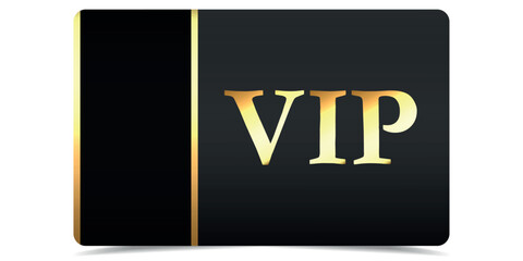 VIP label, tag, voucher. Gift card, invitation. Golden Luxury template design. Vector black banner with gold vip text. Gold ticket. VIP in abstract style on black background.