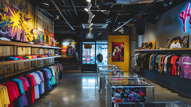 Urban clothing shop with diverse streetwear and vibrant colors
