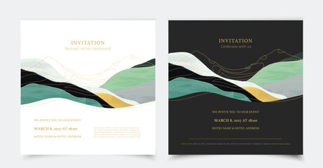 Event, dinner vector invitation. Set of wedding invitation. Night party, festival design template. Blue river, waves. Abstract mountain backgrounds. Retreat day and night flyer, banner design. Nature. © cheremuha