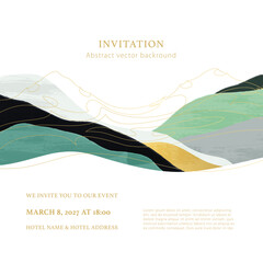 Event, wedding invitation with white background. Vector invitation background with gold text. Mountain art backgrounds. Line art. Minimal premium wedding design template. Watercolor art and gold lines