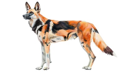 Obraz premium Vibrant Watercolor Painting of an African Wild Dog Pack Exhibiting Captivating Pack Behavior Against a Pristine White Background