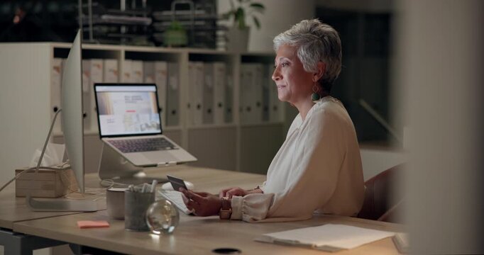 Business, woman and computer with credit card at night for online, digital asset purchase and service payment. Mature, graphic designer and internet for website hosting fees and software subscription