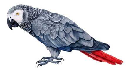 Obraz premium Captivating watercolor showcasing the stunning beauty and vibrant plumage of an African Grey parrot isolated on a clean white background