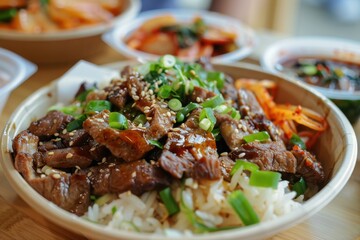Fototapeta premium Take Out Korean Food: Delicious Beef and Pork Meat Dinner on Paper Plate