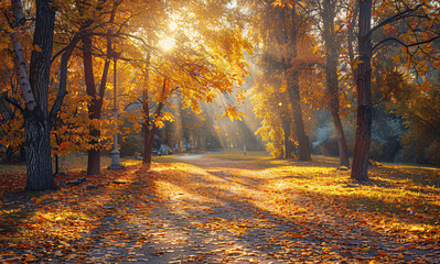 Obraz premium An autumn alley turn in a park with sun rays shining through golden foliage.