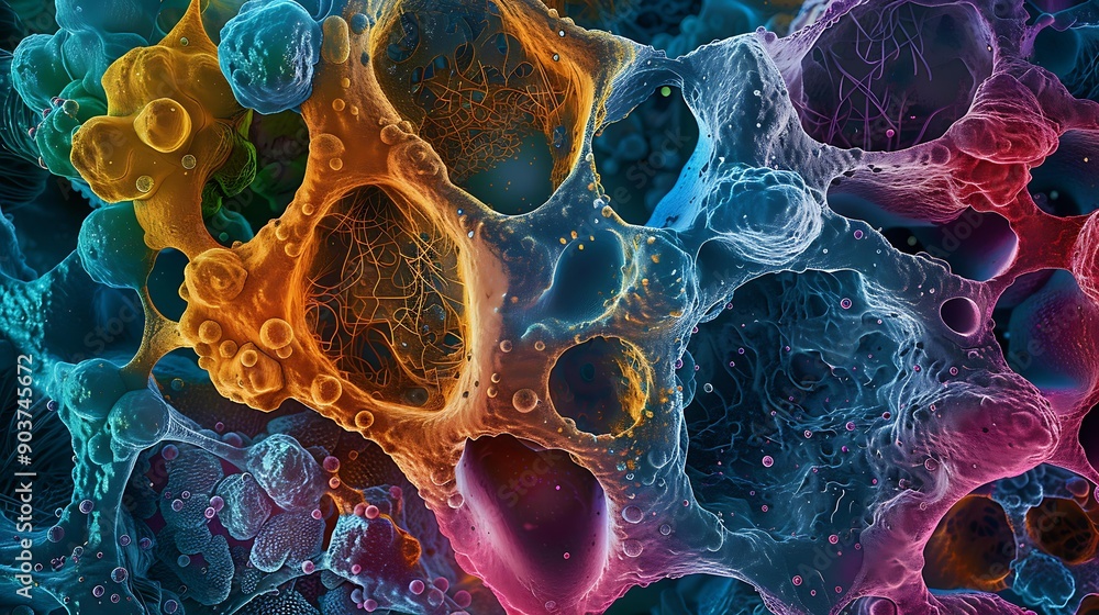 Poster abstract representation of stem cells in vivid colors, showing detailed textures and structures as s