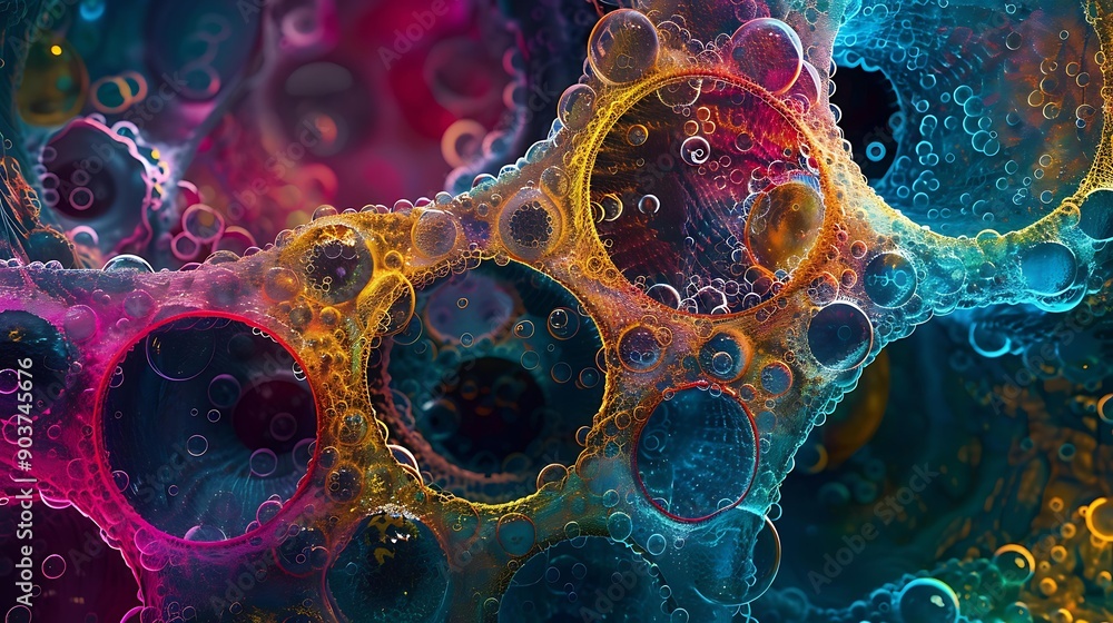 Poster abstract representation of stem cells in vivid colors, showing detailed textures and structures as s