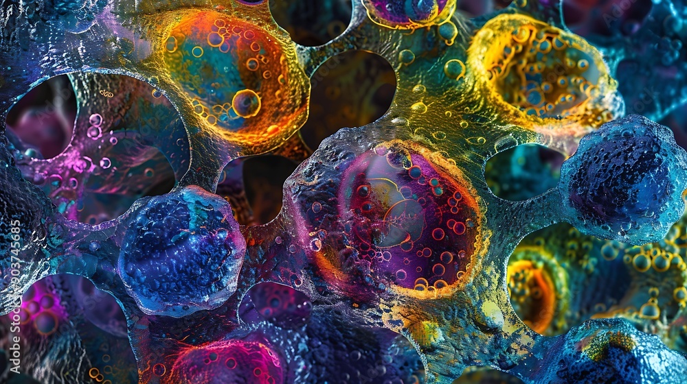 Poster abstract representation of stem cells in vivid colors, showing detailed textures and structures as s