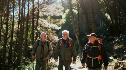 Three elder men with backpacks enjoy a sunlit forest hike, sharing camaraderie and smiles among the towering trees.