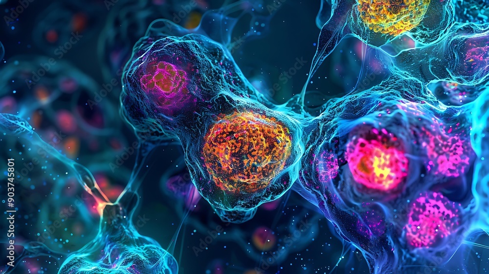 Poster brightly colored stem cells with intricate patterns under a microscope view, displaying a variety of