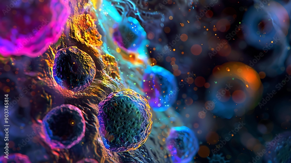 Poster close-up of stem cells with a mix of vibrant hues, highlighting the complexity and beauty of cellula