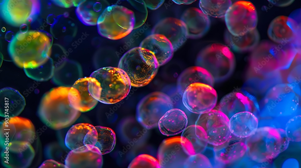 Poster close-up of stem cells with a mix of vibrant hues, highlighting the complexity and beauty of cellula
