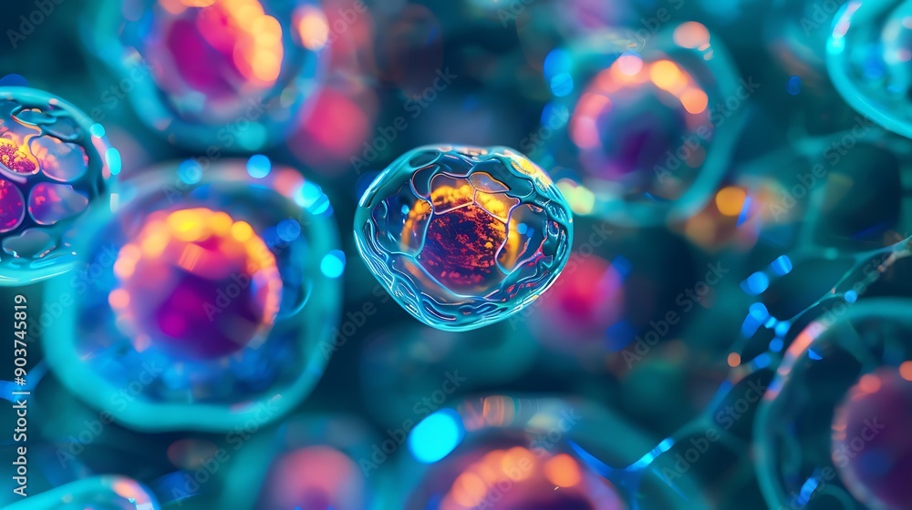 Poster close-up of stem cells with a mix of vibrant hues, highlighting the complexity and beauty of cellula