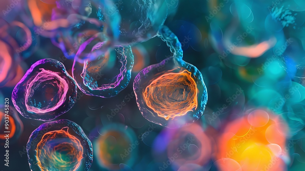 Poster close-up of stem cells with a mix of vibrant hues, highlighting the complexity and beauty of cellula