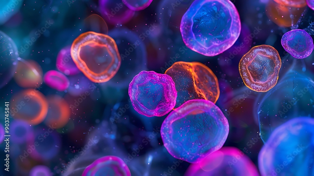 Poster close-up of stem cells with a mix of vibrant hues, highlighting the complexity and beauty of cellula