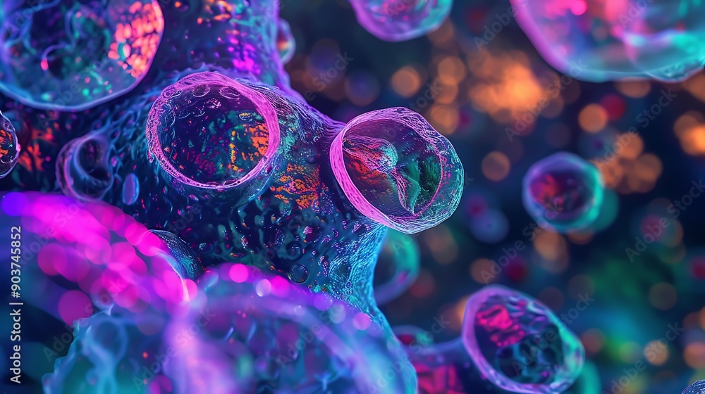 Poster close-up of stem cells with a mix of vibrant hues, highlighting the complexity and beauty of cellula