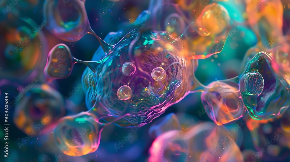 Poster close-up of stem cells with a mix of vibrant hues, highlighting the complexity and beauty of cellula