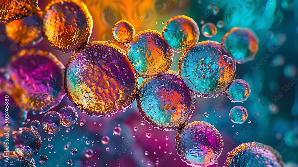 Poster detailed image of stem cells under a microscope, showcasing a colorful and dynamic arrangement of ce