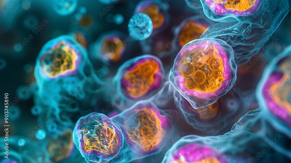 Poster detailed image of stem cells under a microscope, showcasing a colorful and dynamic arrangement of ce