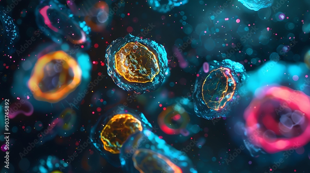 Poster detailed image of stem cells under a microscope, showcasing a colorful and dynamic arrangement of ce