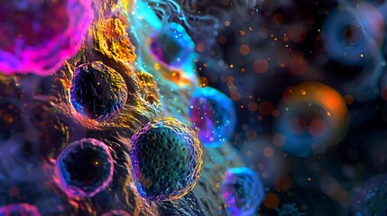 Close-up of stem cells with a mix of vibrant hues, highlighting the complexity and beauty of cellular structures in a lab environment