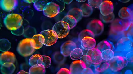 Close-up of stem cells with a mix of vibrant hues, highlighting the complexity and beauty of cellular structures in a lab environment