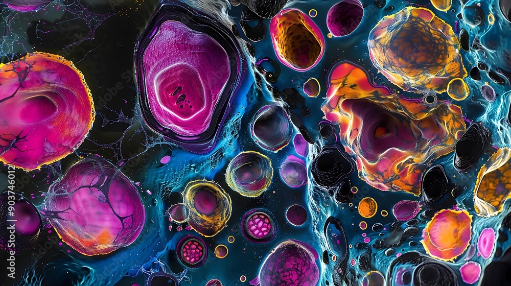 Poster microscopic view of multicolored stem cells, featuring a diverse array of forms and patterns in an a