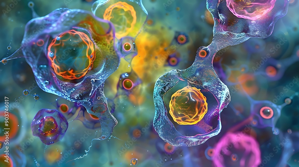 Poster microscopic view of multicolored stem cells, featuring a diverse array of forms and patterns in an a