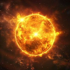 Obraz premium Powerful Sun in space close up. Burning star with plasma emissions in the starry sky. The Sun star in the solar system
