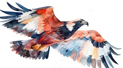 Majestic Bateleur Eagle with Striking Colorful Plumage Depicted in Vibrant Watercolor Nursery Style Against Isolated White Background