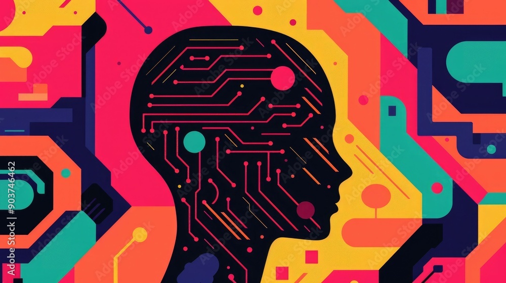 Poster vibrant depicting the concept of cognitive technology featuring a futuristic design with abstract ci