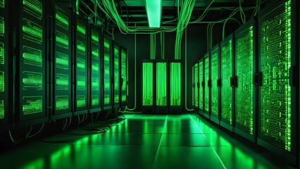 Fototapeta premium A large room with green walls and green computer servers
