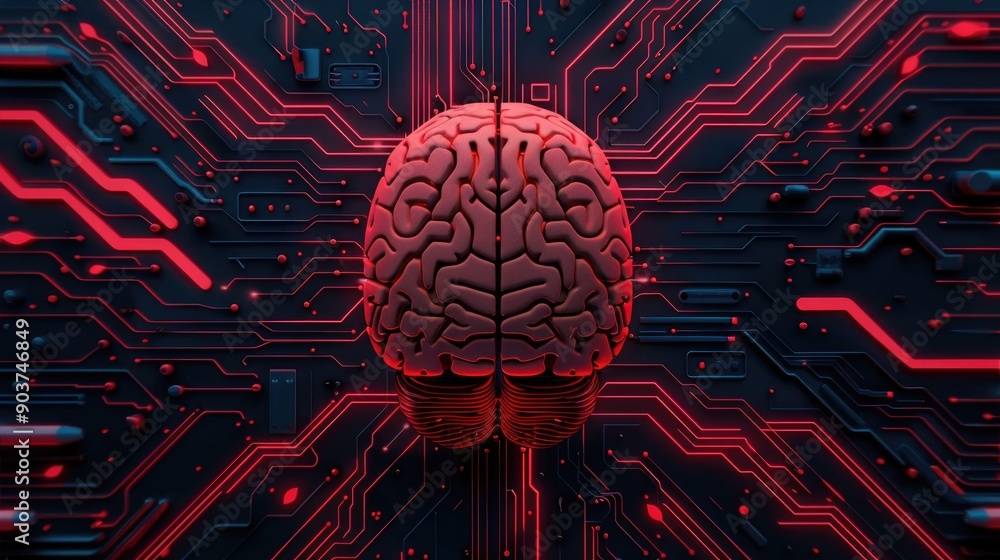 Poster futuristic depicting a brain like circuit board design symbolizing the concepts of intelligence adva