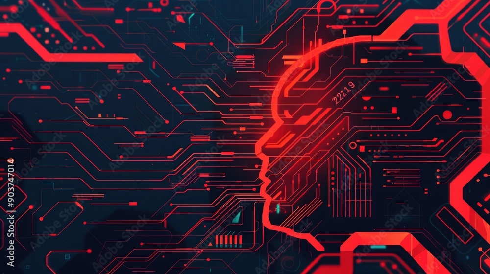 Poster of a high tech neural network with futuristic digital circuit elements wires and patterns in a dark 