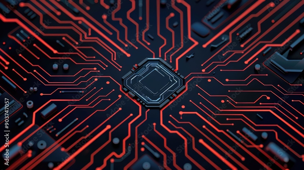 Poster futuristic depicting an intricate circuit design with intricate geometric patterns interconnected li