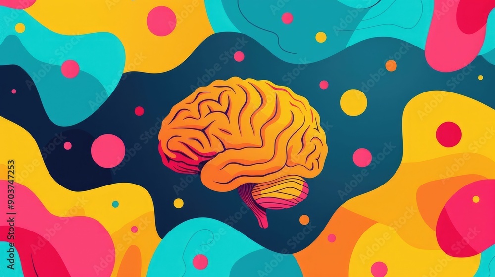 Poster vibrant of cognitive computing graphic featuring an abstract brain pattern with dynamic shapes and c