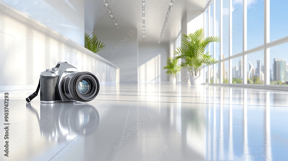 Poster Camera on a sleek white floor with a view of the city.