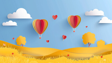 Fototapeta premium Paper cut style of field landscape in the summer time, Paper art spring landscape with blue sky and hot air balloons heart flying.