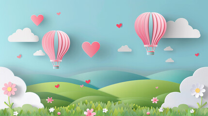 Paper cut style of field landscape in the summer time, Paper art spring landscape with blue sky and hot air balloons heart flying.