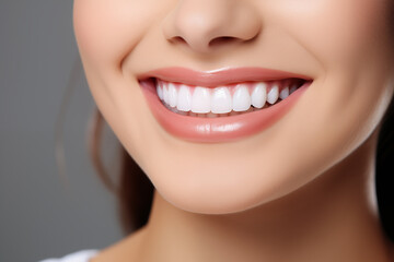 Fototapeta premium Perfect healthy teeth smile of a young woman. Teeth whitening. Dental care, stomatology concept.