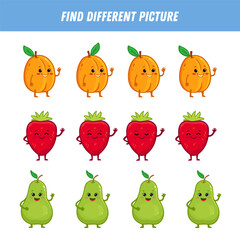 Find different fruit each row. Logical game for kids. Cartoon character. Apricot, strawberry, pear. Flat style. Vector illustration
