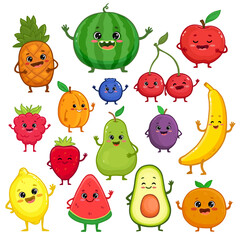 Fototapeta premium Set of cartoon fruit characters. Cute pineapple, watermelon, apple, strawberry, cherry, banana, pear, lemon, orange, apricot, raspberry,plum with arms and legs for kids. Food illustration. Vector