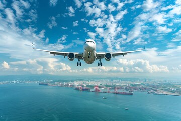 Naklejka premium A Stunning Aerial View of an Airplane Approaching a Coastal City