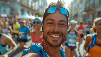 Obraz premium marathon runners taking selfies in the crowd, capturing the excitement and camaraderie of the race day