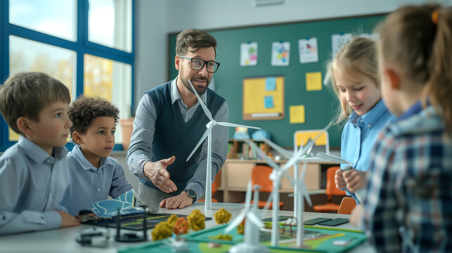 Wind turbine model in a primary school classroom Teacher explains how wind turbines and solar cells work. Sustainable and environmentally friendly renewable energy
