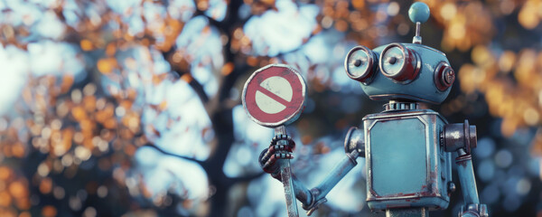 Robot holding a no-entry stop sign in a park, banner with copy space background. Concepts of cyber security, AI regulation, online data protection