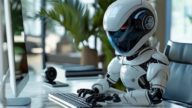 AI chatbot robot assistance utilizing a computer as artificial intelligence while seated at a desk